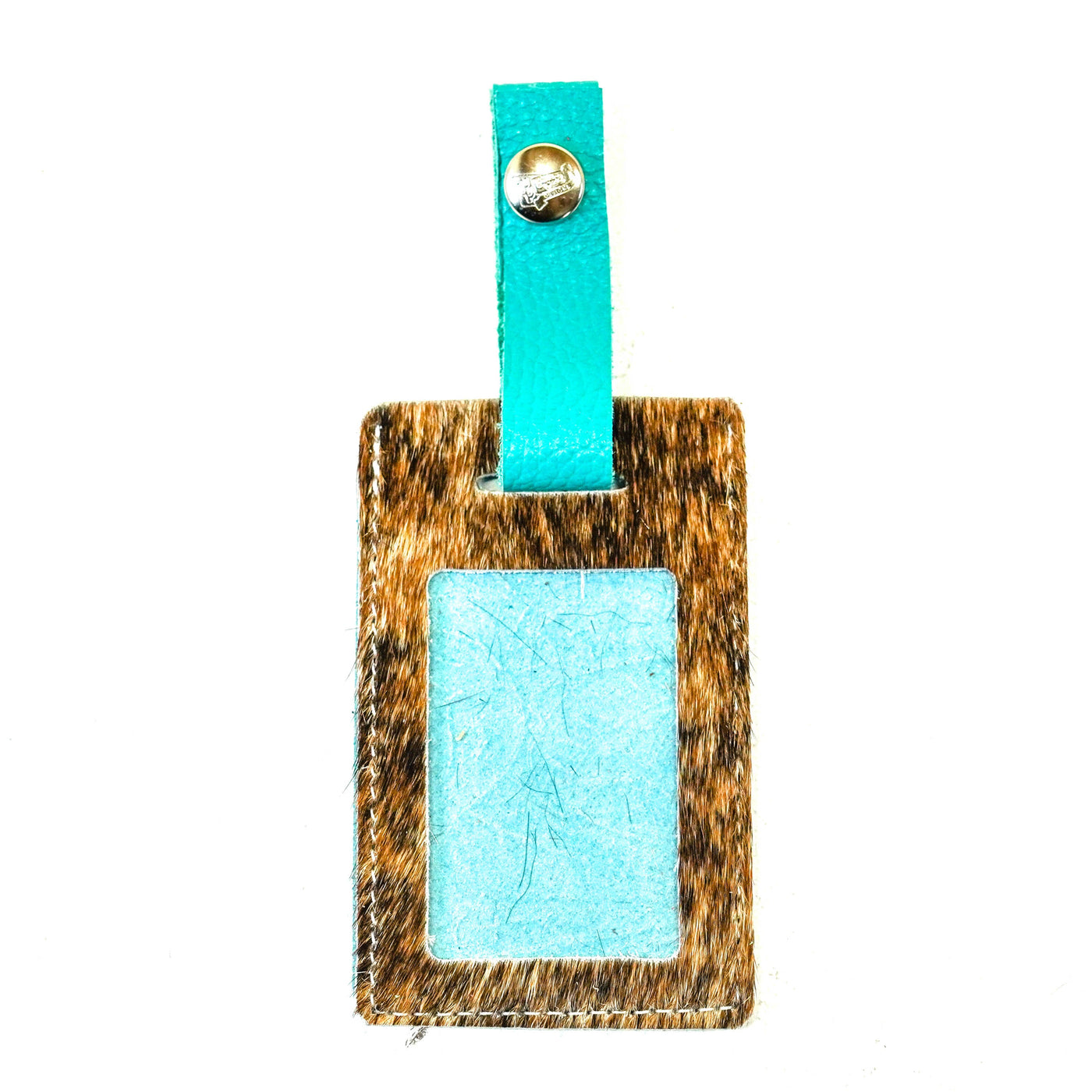 Luggage Tag - Brindle w/ Turquoise Denver Tool-Luggage Tag-Western-Cowhide-Bags-Handmade-Products-Gifts-Dancing Cactus Designs