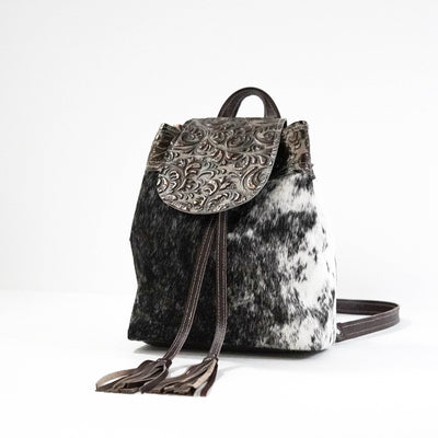 Mini Kelsea Backpack - Black & White w/ Bronzed Caracole-Mini Kelsea Backpack-Western-Cowhide-Bags-Handmade-Products-Gifts-Dancing Cactus Designs