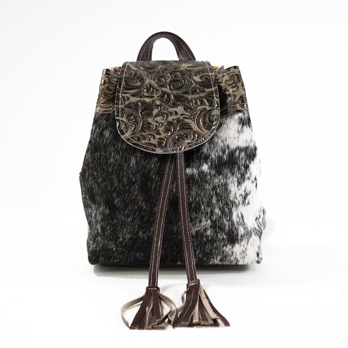 Mini Kelsea Backpack - Black & White w/ Bronzed Caracole-Mini Kelsea Backpack-Western-Cowhide-Bags-Handmade-Products-Gifts-Dancing Cactus Designs
