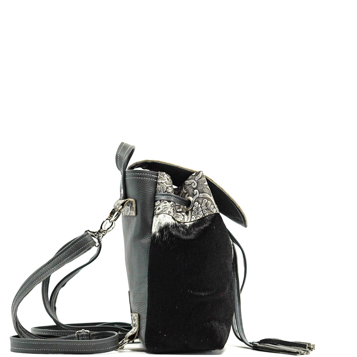 Mini Kelsea Backpack - Black & White w/ Silver Tool-Mini Kelsea Backpack-Western-Cowhide-Bags-Handmade-Products-Gifts-Dancing Cactus Designs
