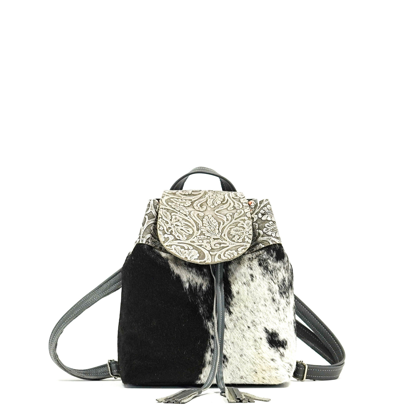 Mini Kelsea Backpack - Black & White w/ Silver Tool-Mini Kelsea Backpack-Western-Cowhide-Bags-Handmade-Products-Gifts-Dancing Cactus Designs