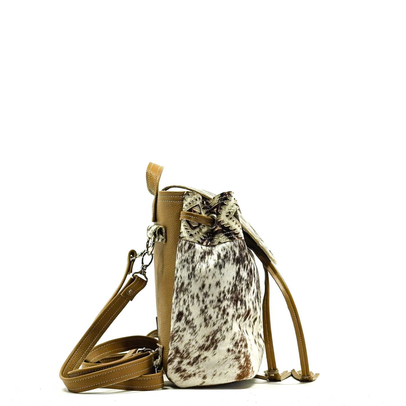 Mini Kelsea Backpack - Chocolate-Spotted Brindle w/ Ivory & Bronze Aztec-Mini Kelsea Backpack-Western-Cowhide-Bags-Handmade-Products-Gifts-Dancing Cactus Designs