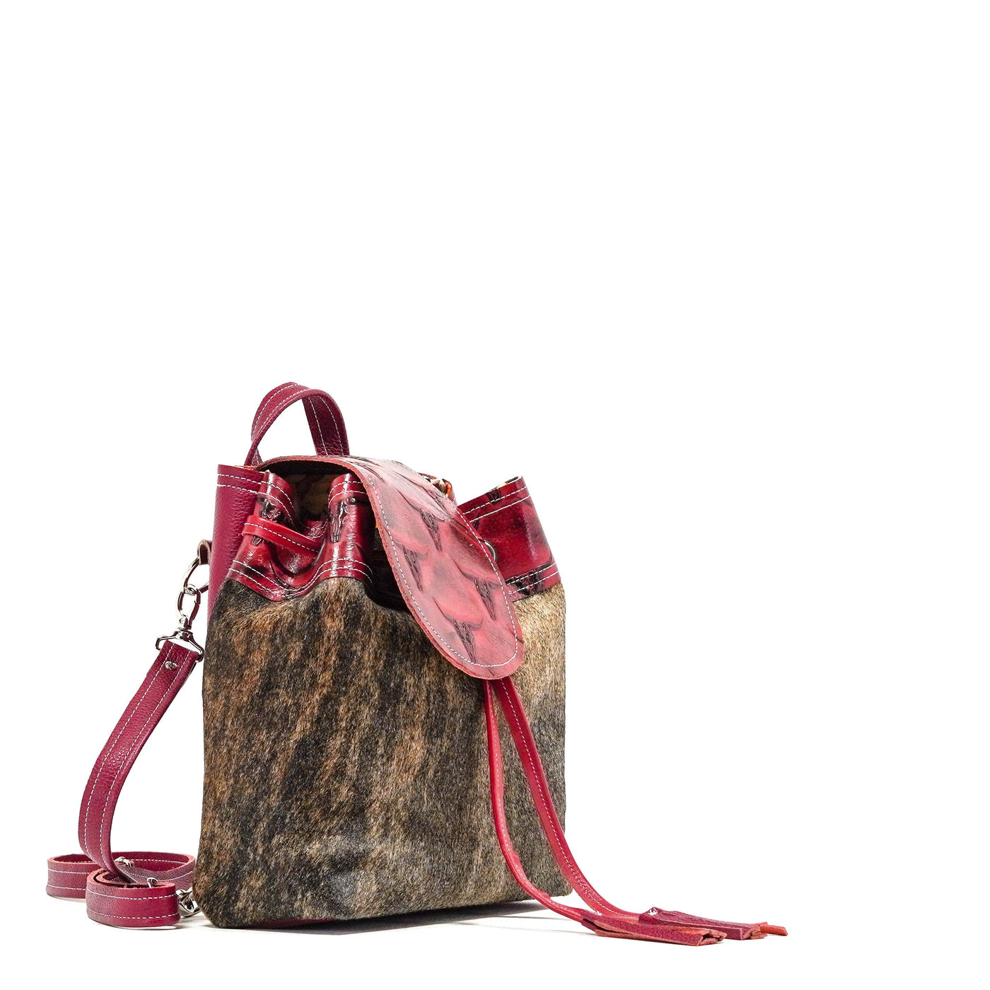 Mini Kelsea Backpack - Dusty Brindle w/ Burgundy Skulls-Mini Kelsea Backpack-Western-Cowhide-Bags-Handmade-Products-Gifts-Dancing Cactus Designs