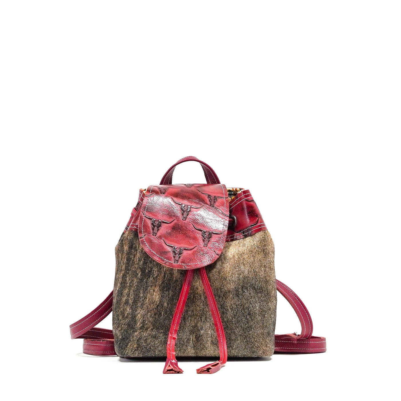 Mini Kelsea Backpack - Dusty Brindle w/ Burgundy Skulls-Mini Kelsea Backpack-Western-Cowhide-Bags-Handmade-Products-Gifts-Dancing Cactus Designs