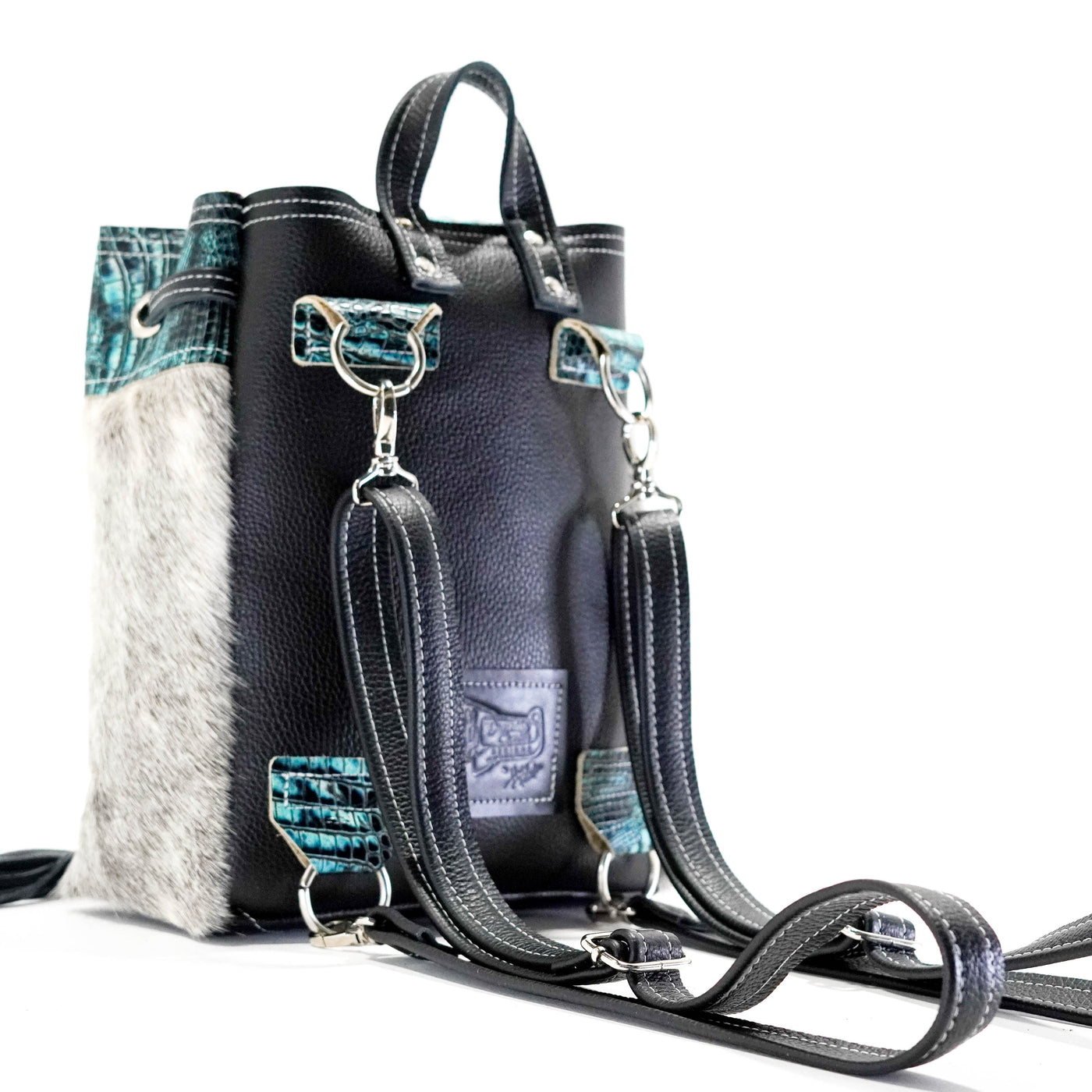 Mini Kelsea Backpack - Grey Brindle w/ Aqua Croc-Mini Kelsea Backpack-Western-Cowhide-Bags-Handmade-Products-Gifts-Dancing Cactus Designs