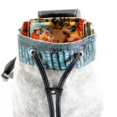 Mini Kelsea Backpack - Grey Brindle w/ Aqua Croc-Mini Kelsea Backpack-Western-Cowhide-Bags-Handmade-Products-Gifts-Dancing Cactus Designs