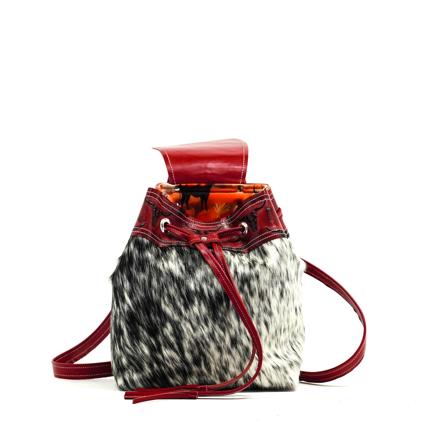 Mini Kelsea Backpack - Salt & Pepper w/ Burgundy Skulls-Mini Kelsea Backpack-Western-Cowhide-Bags-Handmade-Products-Gifts-Dancing Cactus Designs