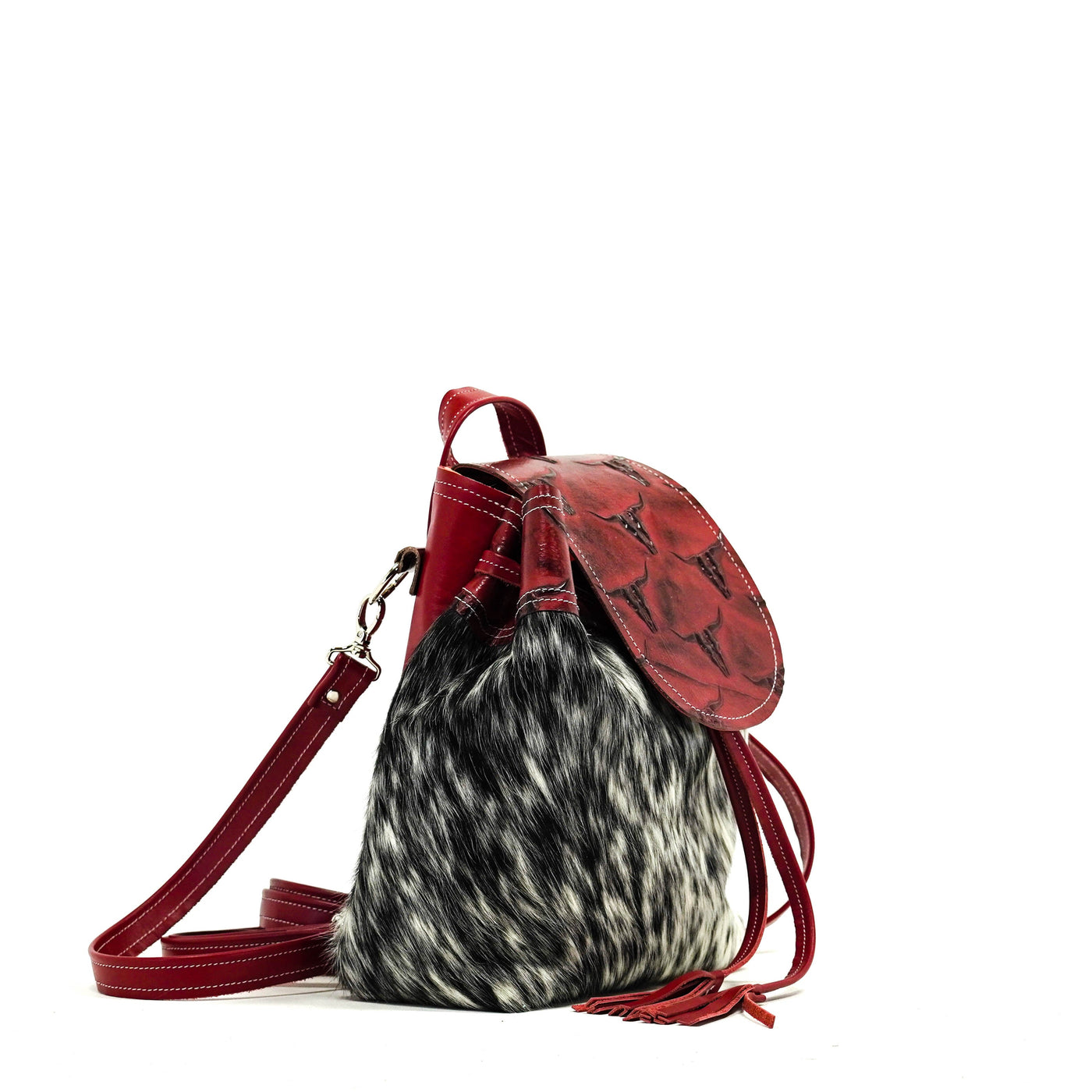 Mini Kelsea Backpack - Salt & Pepper w/ Burgundy Skulls-Mini Kelsea Backpack-Western-Cowhide-Bags-Handmade-Products-Gifts-Dancing Cactus Designs
