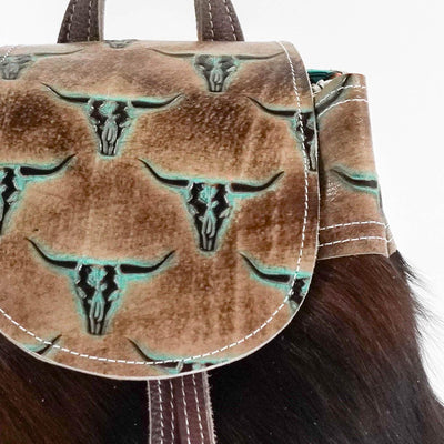 Mini Kelsea Backpack - Tricolor w/ Mint Sepia Skulls-Mini Kelsea Backpack-Western-Cowhide-Bags-Handmade-Products-Gifts-Dancing Cactus Designs