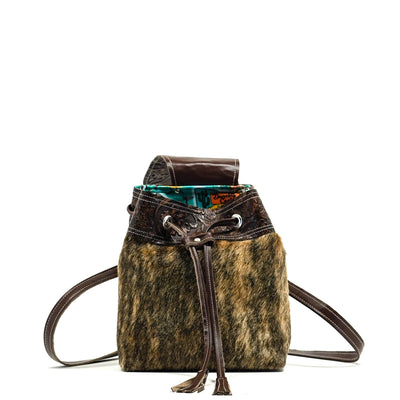 Mini Kelsea Backpack - Two-Tone Brindle w/ Cowgirl Tool-Mini Kelsea Backpack-Western-Cowhide-Bags-Handmade-Products-Gifts-Dancing Cactus Designs