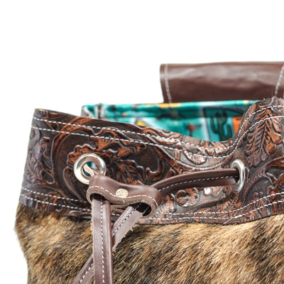 Mini Kelsea Backpack - Two-Tone Brindle w/ Cowgirl Tool-Mini Kelsea Backpack-Western-Cowhide-Bags-Handmade-Products-Gifts-Dancing Cactus Designs