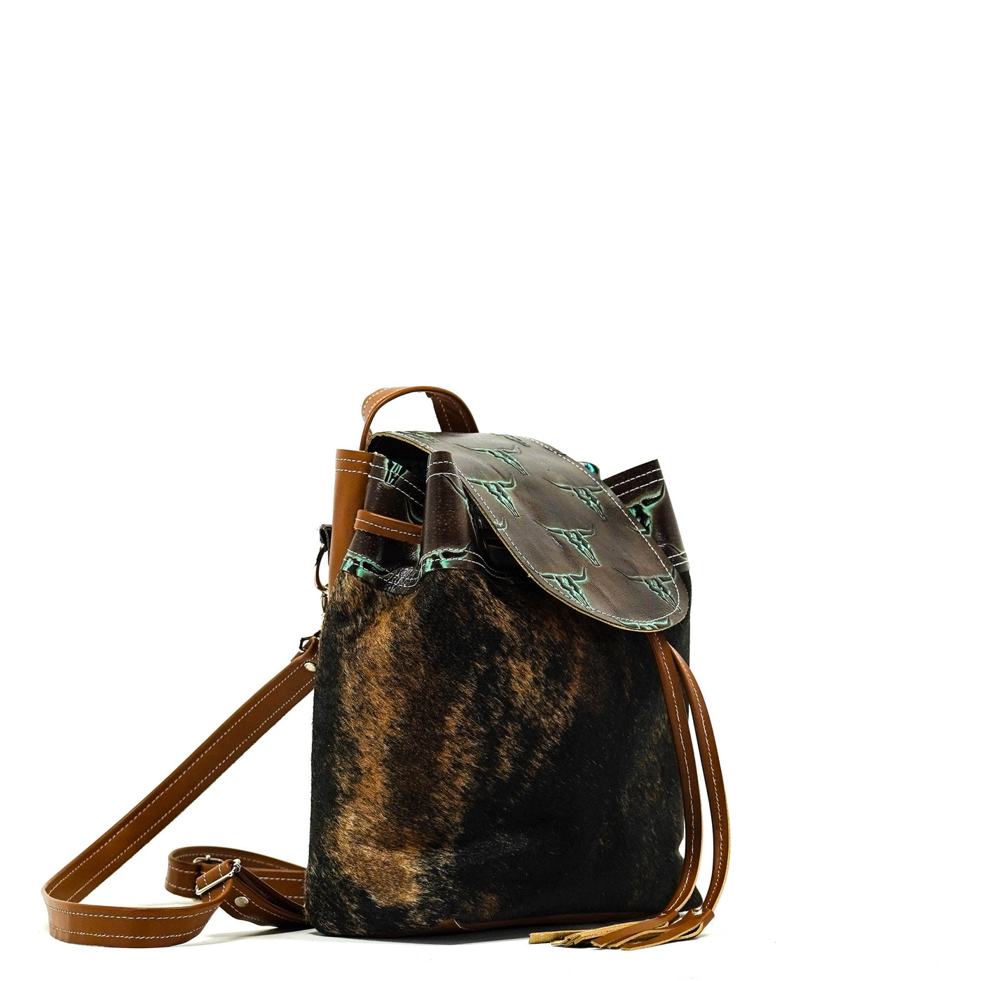 Mini Kelsea Backpack - Two-Tone Brindle w/ Mint Chocolate Skulls-Mini Kelsea Backpack-Western-Cowhide-Bags-Handmade-Products-Gifts-Dancing Cactus Designs