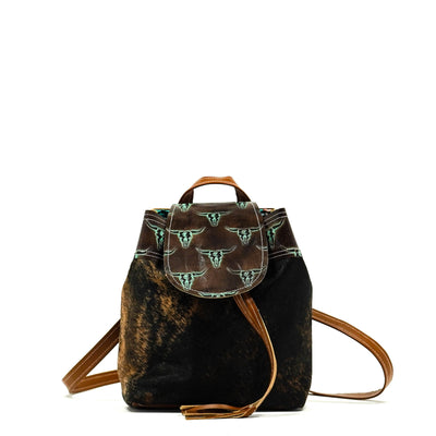 Mini Kelsea Backpack - Two-Tone Brindle w/ Mint Chocolate Skulls-Mini Kelsea Backpack-Western-Cowhide-Bags-Handmade-Products-Gifts-Dancing Cactus Designs