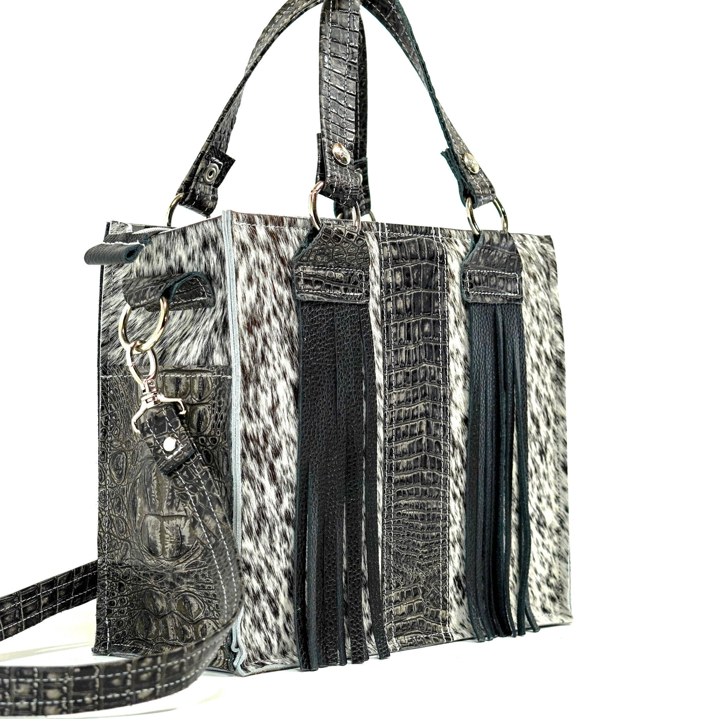 Minnie Pearl - Black & White w/ Smoke Show Croc-Minnie Pearl-Western-Cowhide-Bags-Handmade-Products-Gifts-Dancing Cactus Designs