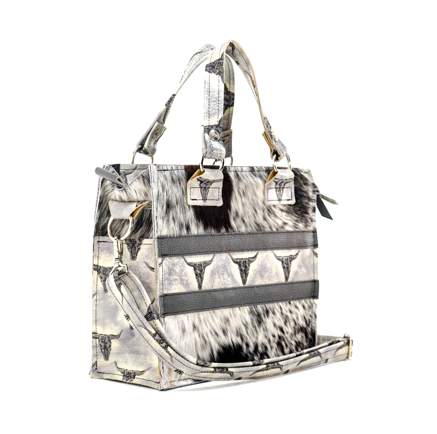 Minnie Pearl - Black & White w/ Smoke Show Skulls-Minnie Pearl-Western-Cowhide-Bags-Handmade-Products-Gifts-Dancing Cactus Designs