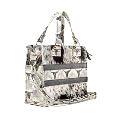Minnie Pearl - Black & White w/ Smoke Show Skulls-Minnie Pearl-Western-Cowhide-Bags-Handmade-Products-Gifts-Dancing Cactus Designs