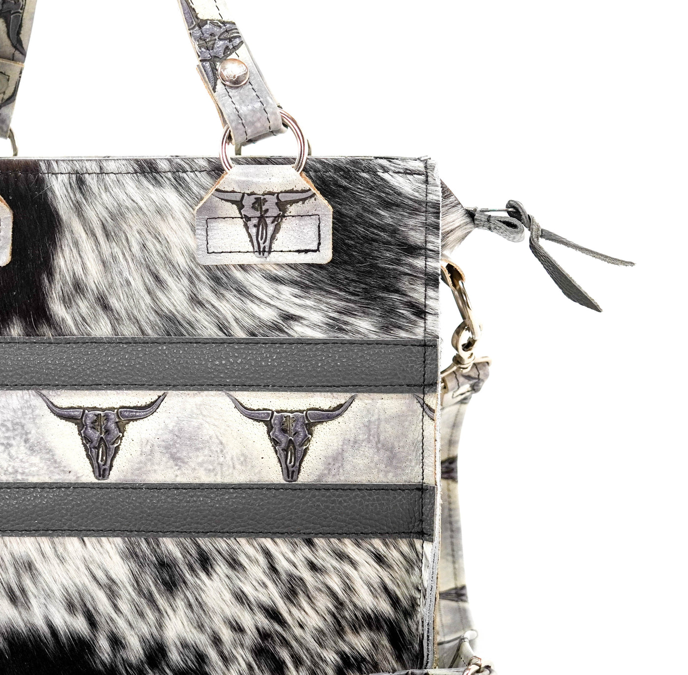 Minnie Pearl - Black & White w/ Smoke Show Skulls-Minnie Pearl-Western-Cowhide-Bags-Handmade-Products-Gifts-Dancing Cactus Designs
