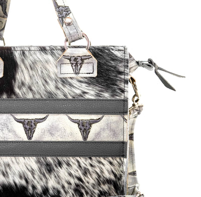 Minnie Pearl - Black & White w/ Smoke Show Skulls-Minnie Pearl-Western-Cowhide-Bags-Handmade-Products-Gifts-Dancing Cactus Designs