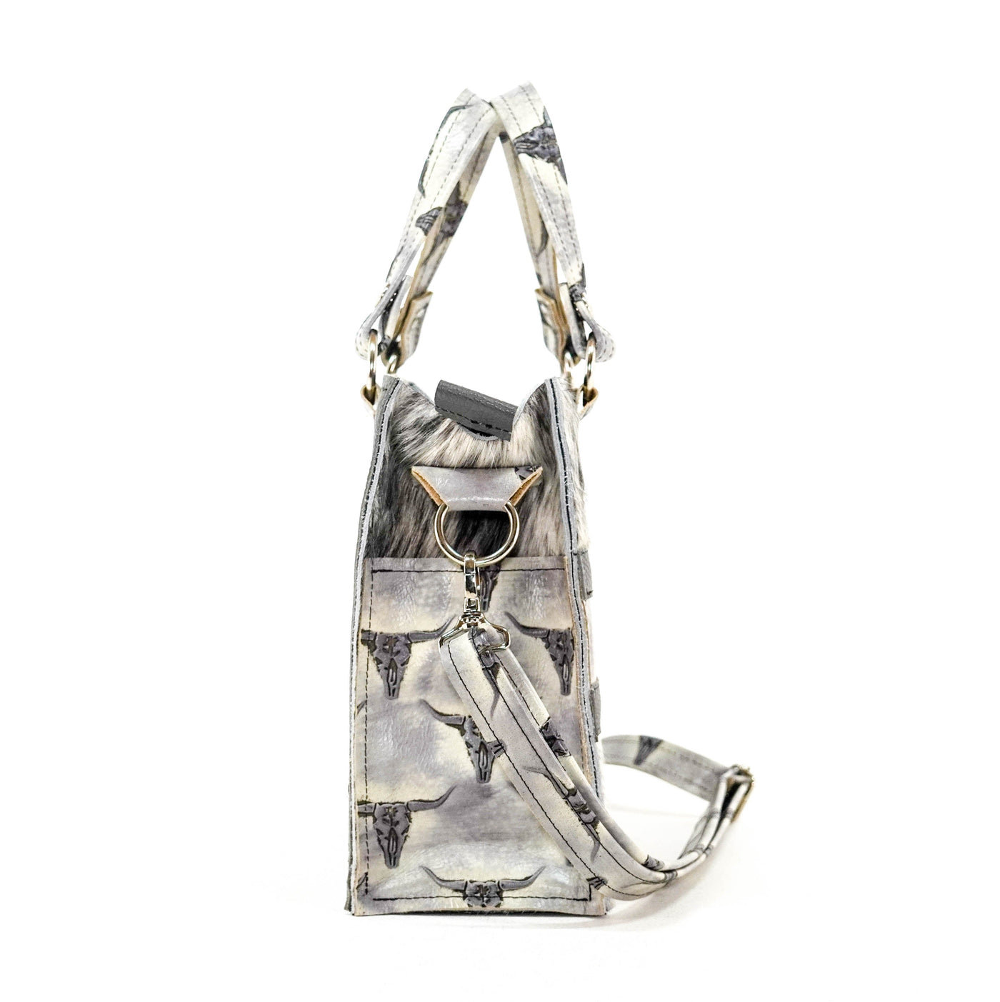 Minnie Pearl - Black & White w/ Smoke Show Skulls-Minnie Pearl-Western-Cowhide-Bags-Handmade-Products-Gifts-Dancing Cactus Designs