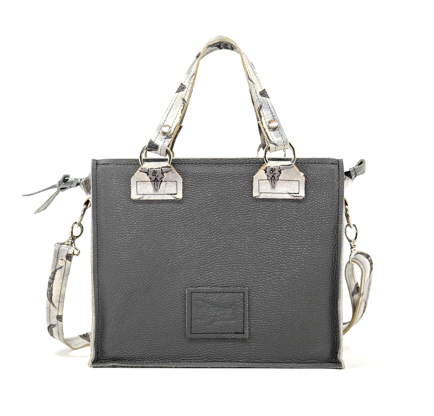Minnie Pearl - Black & White w/ Smoke Show Skulls-Minnie Pearl-Western-Cowhide-Bags-Handmade-Products-Gifts-Dancing Cactus Designs