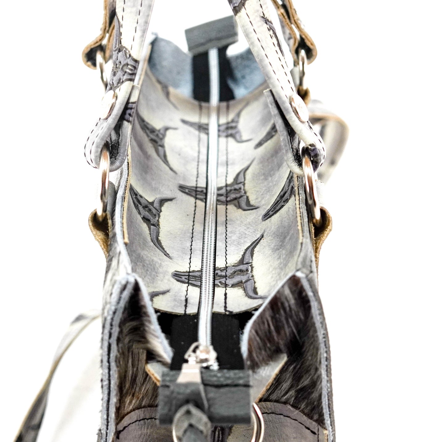 Minnie Pearl - Black & White w/ Smoke Show Skulls-Minnie Pearl-Western-Cowhide-Bags-Handmade-Products-Gifts-Dancing Cactus Designs