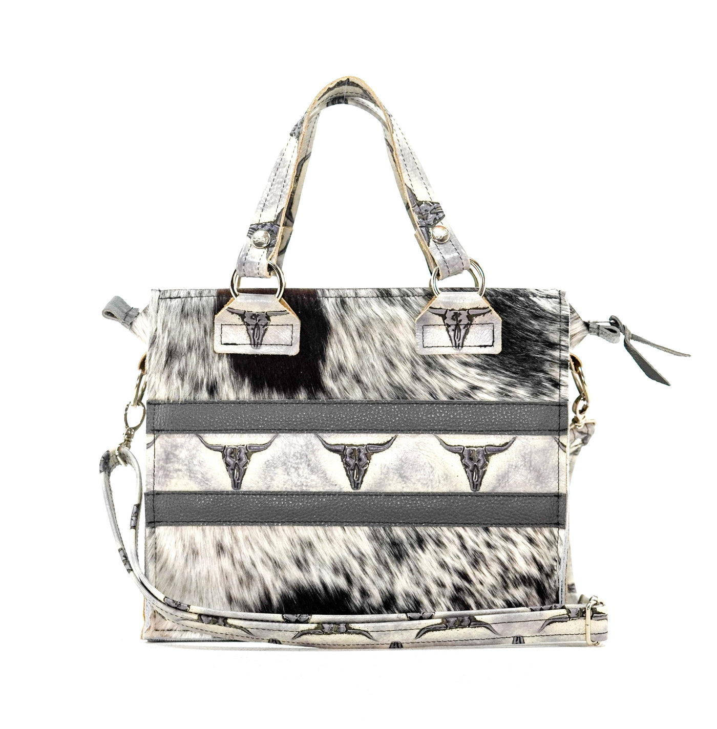 Minnie Pearl - Black & White w/ Smoke Show Skulls-Minnie Pearl-Western-Cowhide-Bags-Handmade-Products-Gifts-Dancing Cactus Designs