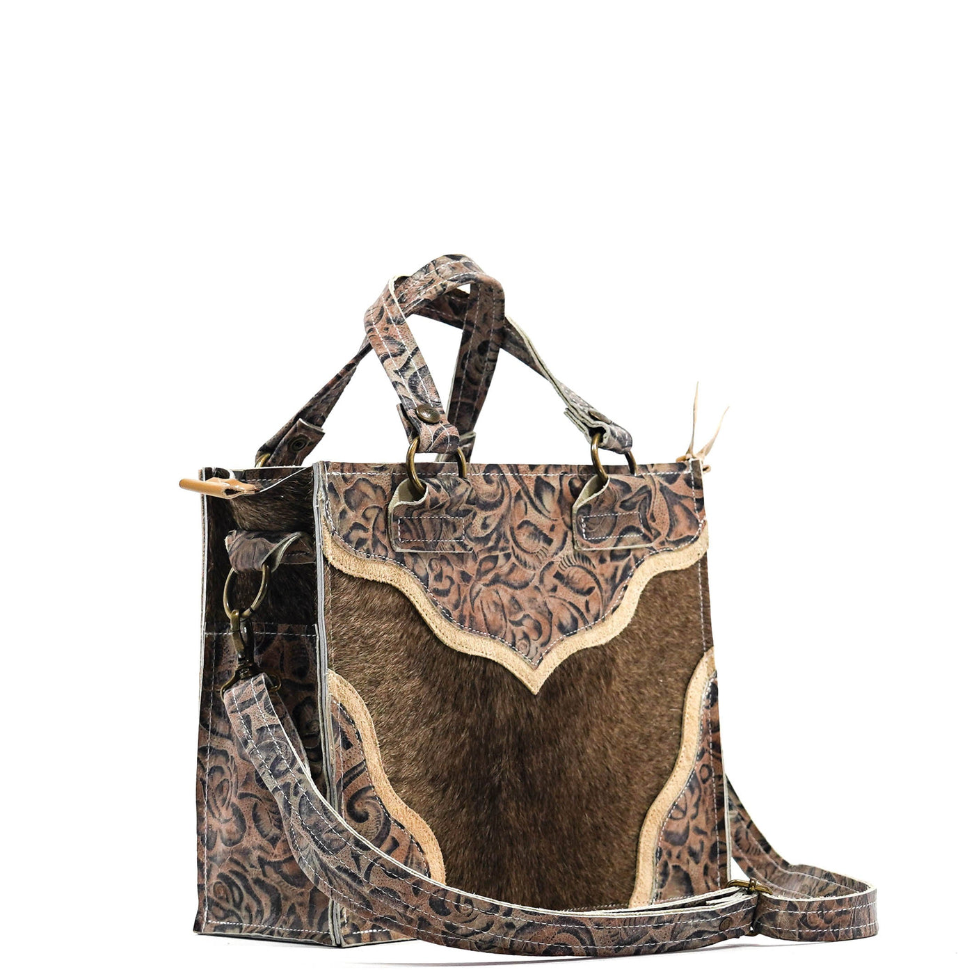 Minnie Pearl - Dark Brindle w/ Antique Deadwood Roses-Minnie Pearl-Western-Cowhide-Bags-Handmade-Products-Gifts-Dancing Cactus Designs