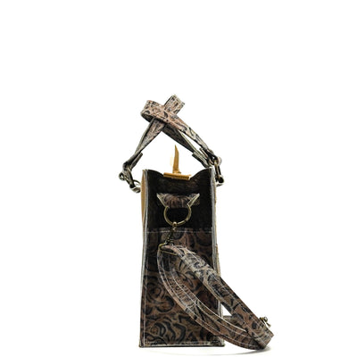 Minnie Pearl - Dark Brindle w/ Antique Deadwood Roses-Minnie Pearl-Western-Cowhide-Bags-Handmade-Products-Gifts-Dancing Cactus Designs