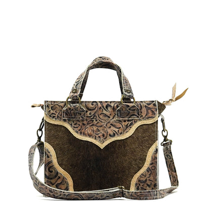 Minnie Pearl - Dark Brindle w/ Antique Deadwood Roses-Minnie Pearl-Western-Cowhide-Bags-Handmade-Products-Gifts-Dancing Cactus Designs
