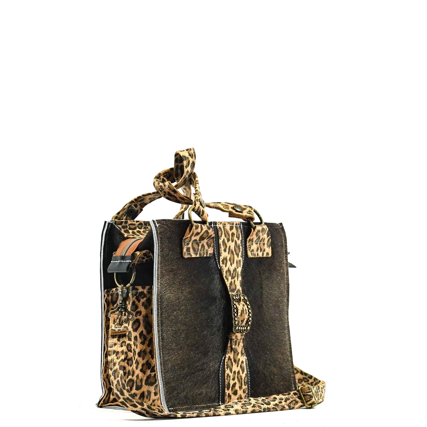 Minnie Pearl - Dark Brindle w/ Leopard Leather-Shania-Western-Cowhide-Bags-Handmade-Products-Gifts-Dancing Cactus Designs