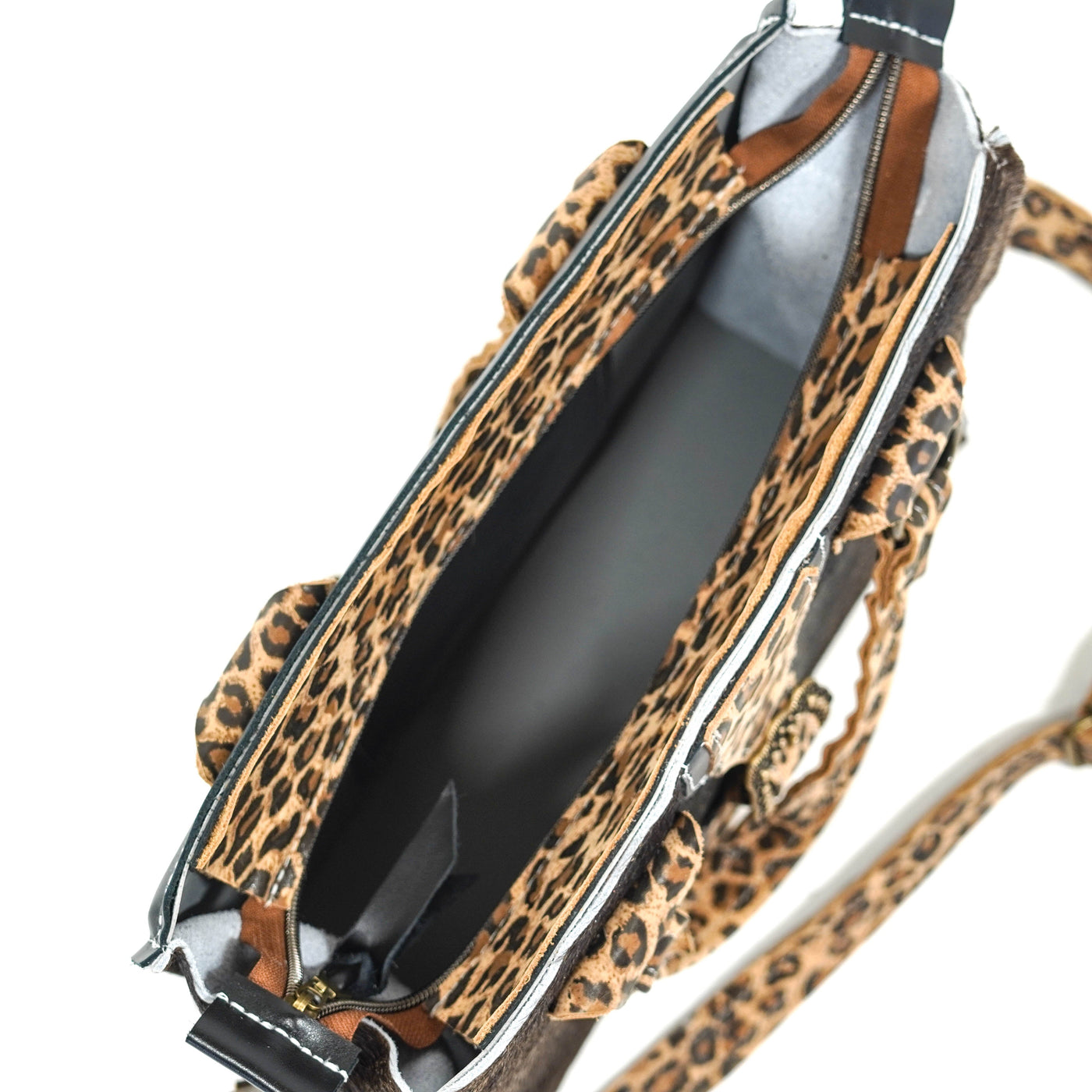 Minnie Pearl - Dark Brindle w/ Leopard Leather-Shania-Western-Cowhide-Bags-Handmade-Products-Gifts-Dancing Cactus Designs