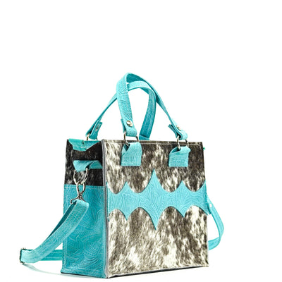 Minnie Pearl - Grey Brindle w/ Turquoise Denver Tool-Minnie Pearl-Western-Cowhide-Bags-Handmade-Products-Gifts-Dancing Cactus Designs