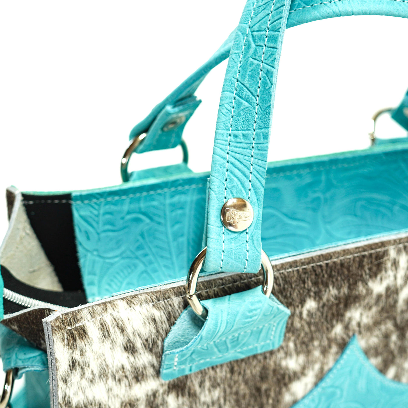 Minnie Pearl - Grey Brindle w/ Turquoise Denver Tool-Minnie Pearl-Western-Cowhide-Bags-Handmade-Products-Gifts-Dancing Cactus Designs