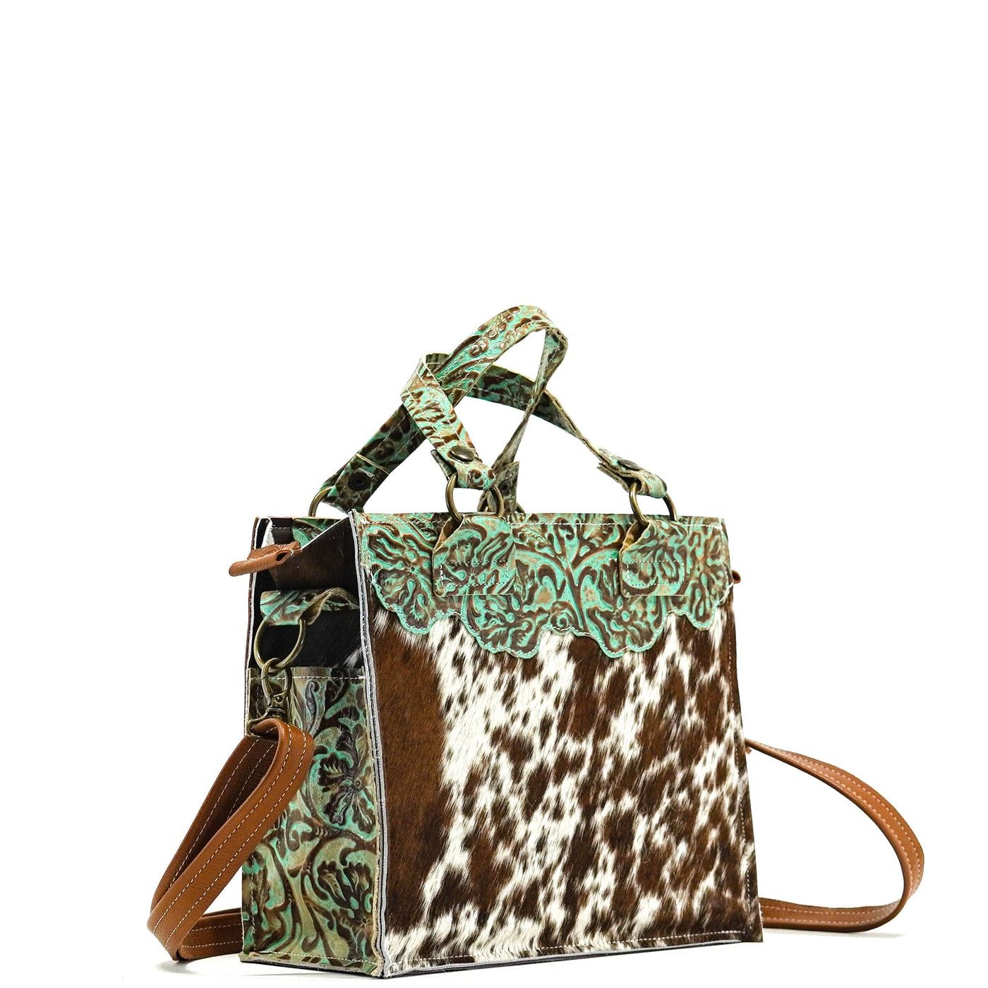 Minnie Pearl - Spotted Longhorn w/ Turquoise Tool-Minnie Pearl-Western-Cowhide-Bags-Handmade-Products-Gifts-Dancing Cactus Designs