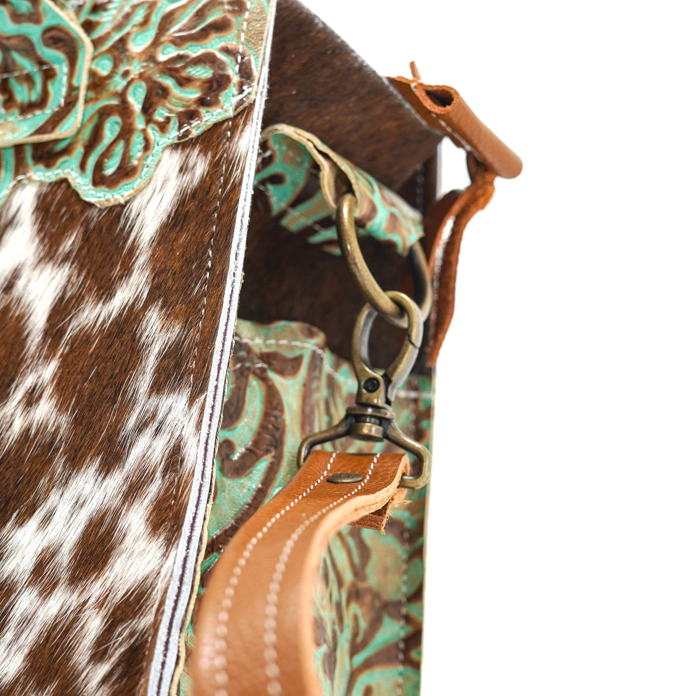 Minnie Pearl - Spotted Longhorn w/ Turquoise Tool-Minnie Pearl-Western-Cowhide-Bags-Handmade-Products-Gifts-Dancing Cactus Designs