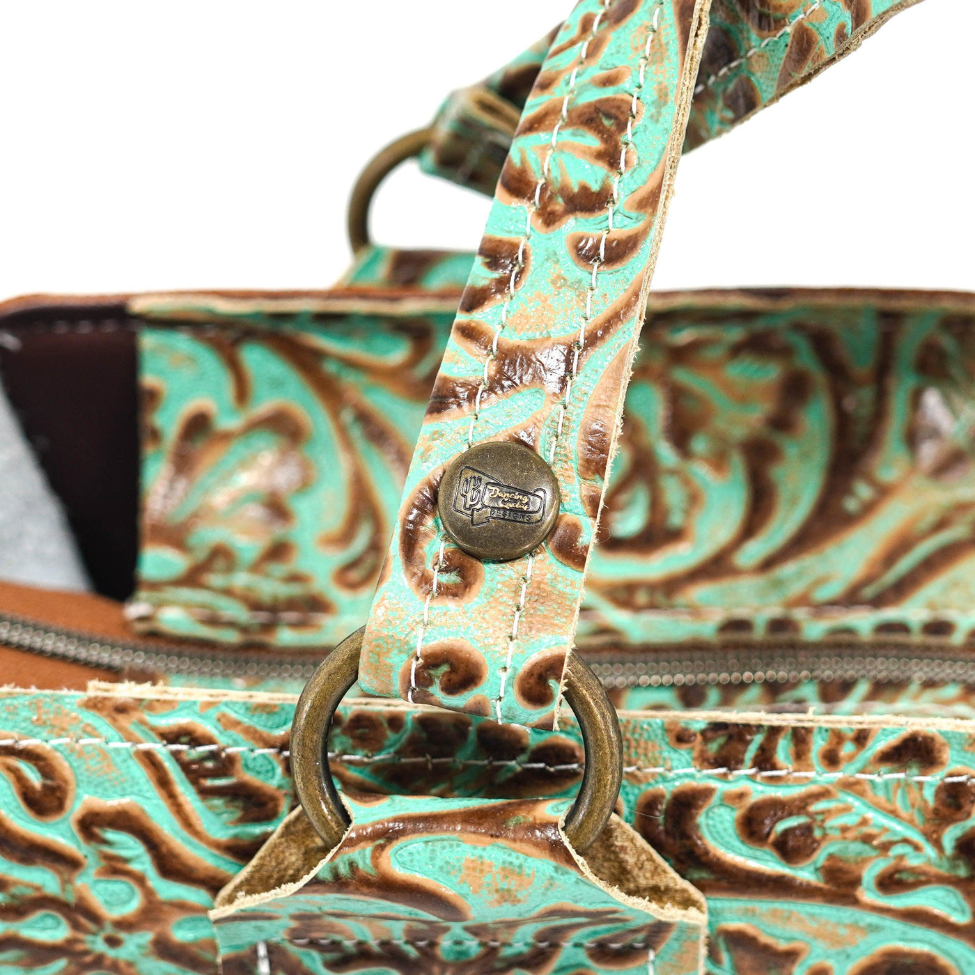 Minnie Pearl - Spotted Longhorn w/ Turquoise Tool-Minnie Pearl-Western-Cowhide-Bags-Handmade-Products-Gifts-Dancing Cactus Designs