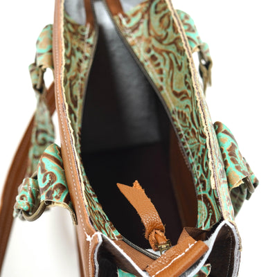 Minnie Pearl - Spotted Longhorn w/ Turquoise Tool-Minnie Pearl-Western-Cowhide-Bags-Handmade-Products-Gifts-Dancing Cactus Designs