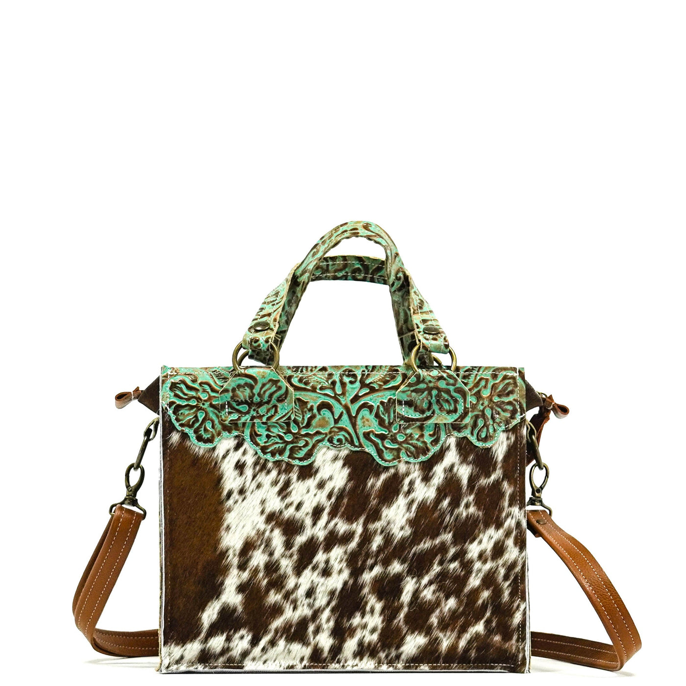 Minnie Pearl - Spotted Longhorn w/ Turquoise Tool-Minnie Pearl-Western-Cowhide-Bags-Handmade-Products-Gifts-Dancing Cactus Designs