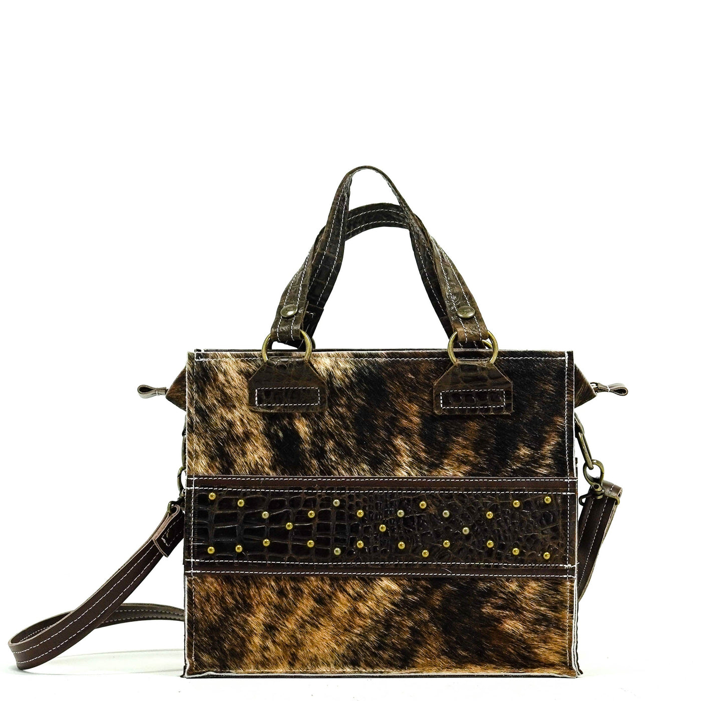 Minnie Pearl - Two-Tone Brindle w/ Saddle Croc-Minnie Pearl-Western-Cowhide-Bags-Handmade-Products-Gifts-Dancing Cactus Designs