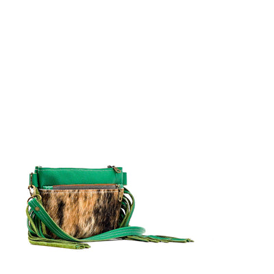Miss Kitty - Exotic Brindle w/ Evergreen Leather-Miss Kitty-Western-Cowhide-Bags-Handmade-Products-Gifts-Dancing Cactus Designs