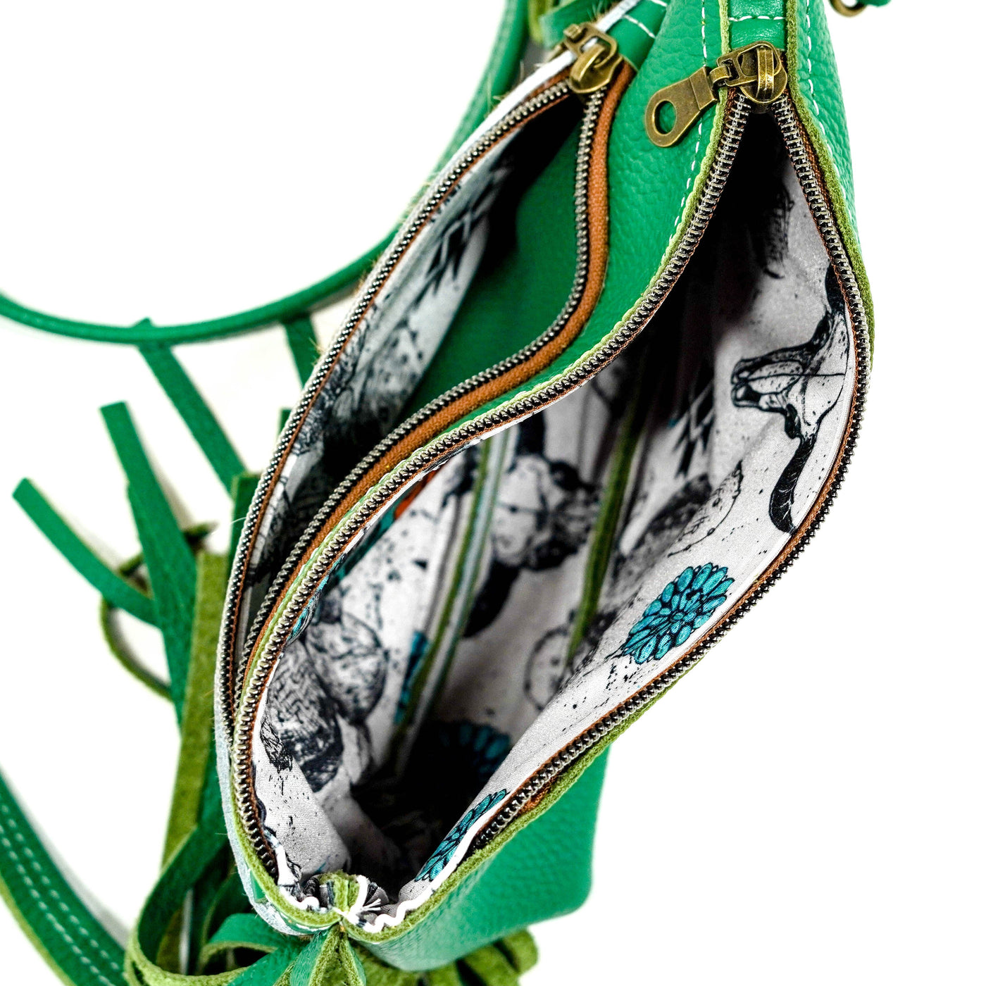 Miss Kitty - Exotic Brindle w/ Evergreen Leather-Miss Kitty-Western-Cowhide-Bags-Handmade-Products-Gifts-Dancing Cactus Designs