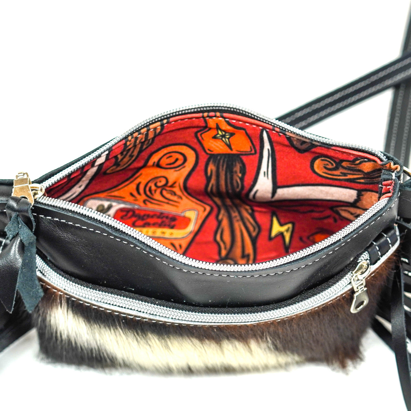 Miss Kitty - Tricolor w/ Black Leather-Miss Kitty-Western-Cowhide-Bags-Handmade-Products-Gifts-Dancing Cactus Designs