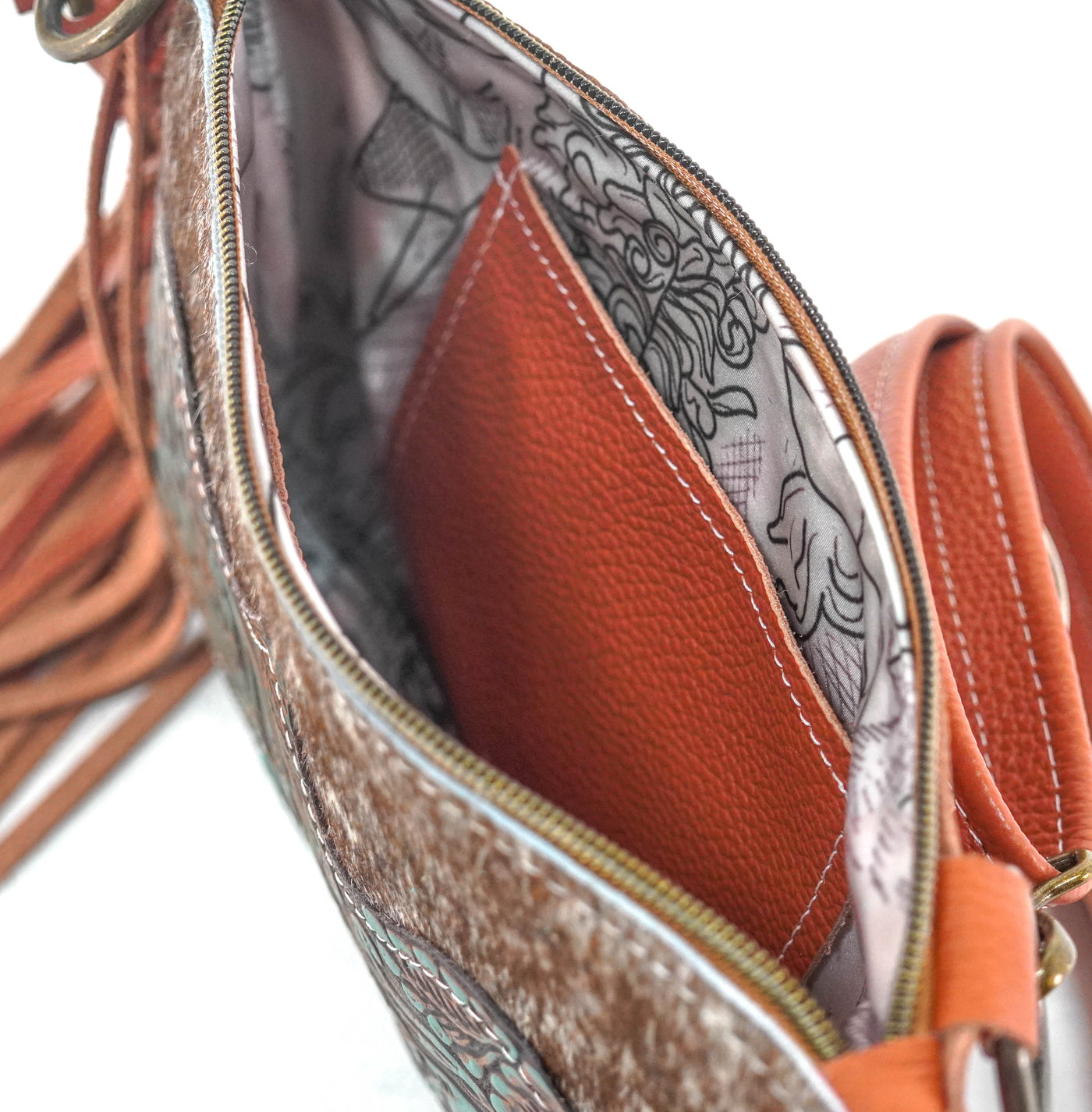 Patsy - Chocolate & White w/ Evergreen tool-Patsy-Western-Cowhide-Bags-Handmade-Products-Gifts-Dancing Cactus Designs