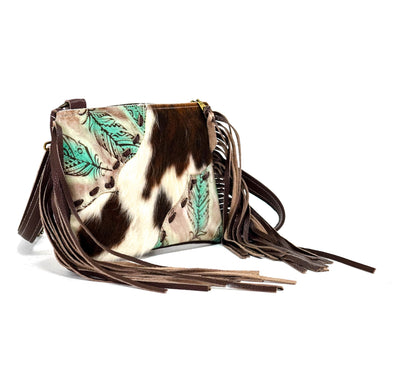 Patsy - Tricolor w/ Turquoise Feathers-Patsy-Western-Cowhide-Bags-Handmade-Products-Gifts-Dancing Cactus Designs