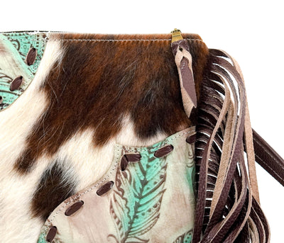 Patsy - Tricolor w/ Turquoise Feathers-Patsy-Western-Cowhide-Bags-Handmade-Products-Gifts-Dancing Cactus Designs