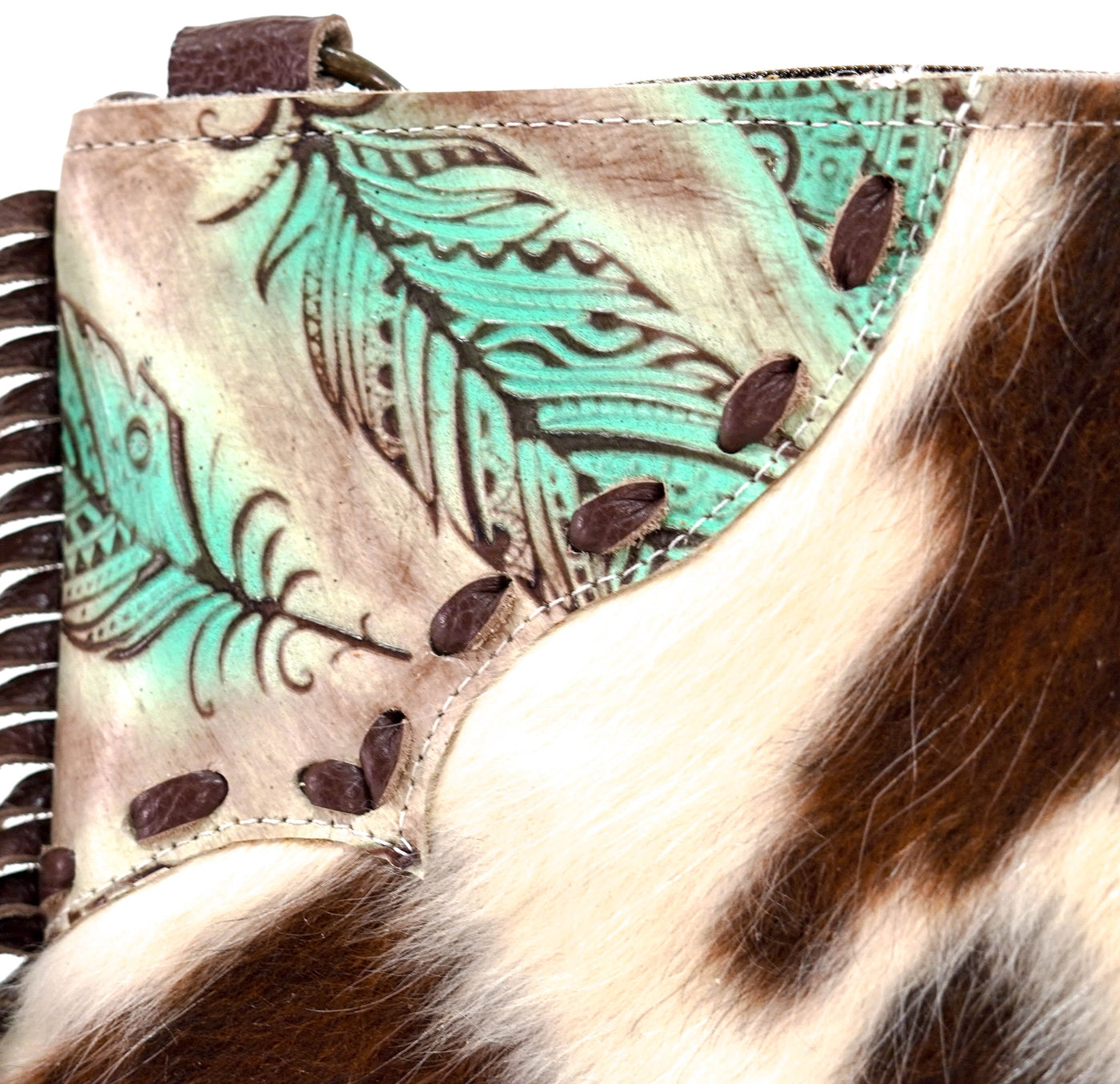 Patsy - Tricolor w/ Turquoise Feathers-Patsy-Western-Cowhide-Bags-Handmade-Products-Gifts-Dancing Cactus Designs