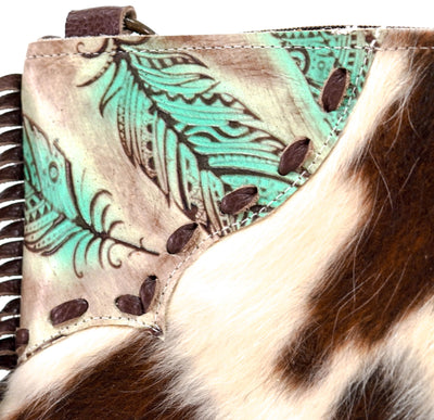 Patsy - Tricolor w/ Turquoise Feathers-Patsy-Western-Cowhide-Bags-Handmade-Products-Gifts-Dancing Cactus Designs