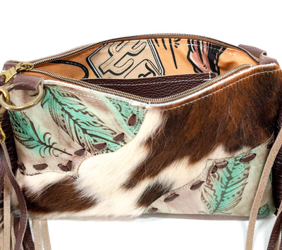 Patsy - Tricolor w/ Turquoise Feathers-Patsy-Western-Cowhide-Bags-Handmade-Products-Gifts-Dancing Cactus Designs