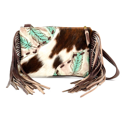 Patsy - Tricolor w/ Turquoise Feathers-Patsy-Western-Cowhide-Bags-Handmade-Products-Gifts-Dancing Cactus Designs