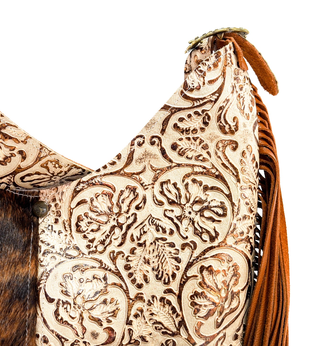 Reba - Brindle w/ Gold Ivory Tool-Reba-Western-Cowhide-Bags-Handmade-Products-Gifts-Dancing Cactus Designs